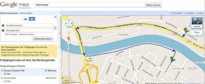 Google Maps rät Fußgängern und Radfahrern zum Umweg über die Bundesstraße (2,2 Kilometer) – in den Google-Daten fehlt die Brücke nämlich.