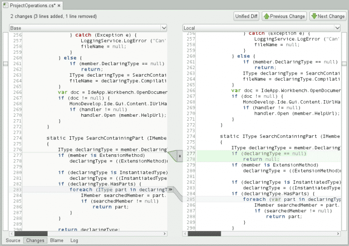 Screenshot: Codeänderungen werden im Editor visualisiert