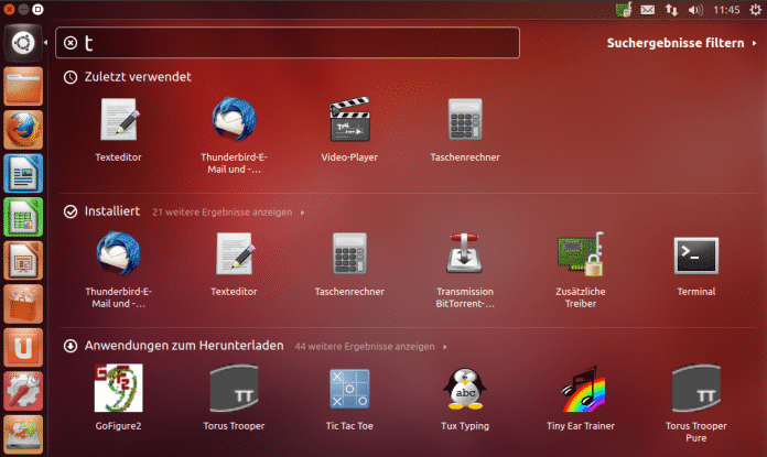 Anwendungen startet man über das Dash (oberstes Symbol im Launcher an der linken Seite). Ist das Programm noch nicht installiert, bietet Ubuntu den Download an.