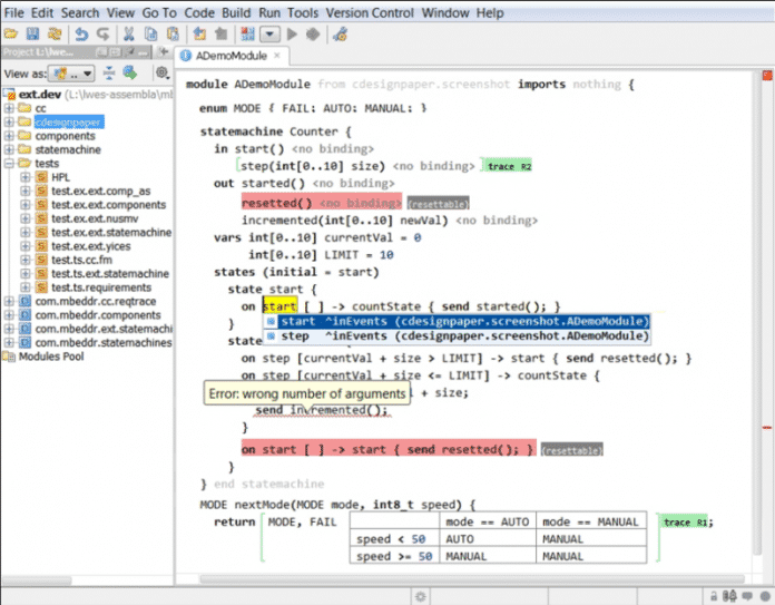 mbeddr stellt Syntax-Highlighting, Code Completion und statische Typprüfung zur Verfügung. Das gilt für C, aber auch für Erweiterungen. Im Beispiel ist unter anderem eine Zustandsmaschine und eine Entscheidungstabelle zu sehen. Letztere zeigt die Verwendung nichttextueller Notationen, die MPS mit dem projizierenden Editor unterstützt (Abb. 1).