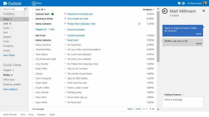 Microsoft betont für Outlook.com eine &quot;einfache, klare Oberfläche&quot;, die aber z.B. auch Chat und Social Networks integriert