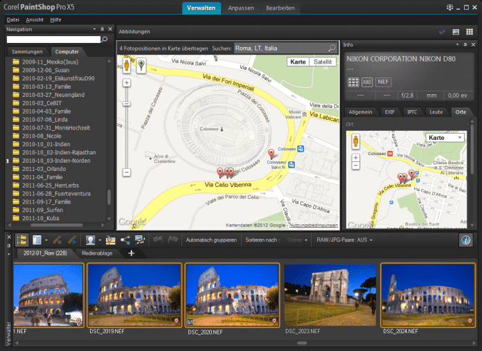 PaintShop Pro X5 versieht Fotos nach Markieren auf einer Google Map oder nach Import einer KML-Datei mit Geotags.