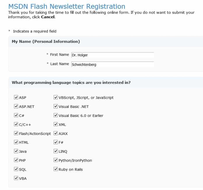 Fragen bei der Registrierung zum MSDN News Flash