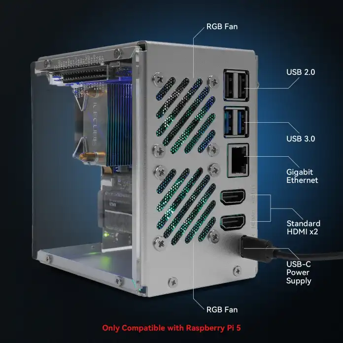 Raspberry Pi 5: caja minitorre con refrigerador de CPU y ventiladores RGB