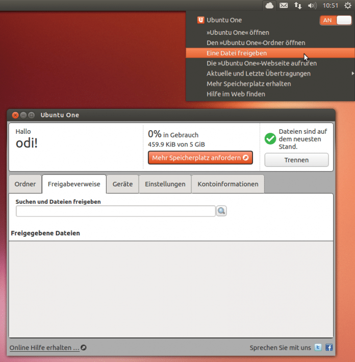 Ubuntu One richtet jetzt ein Menü im Panel ein.
