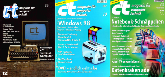 c't-Cover aus den Jahren 1983, 1998 und 2013.