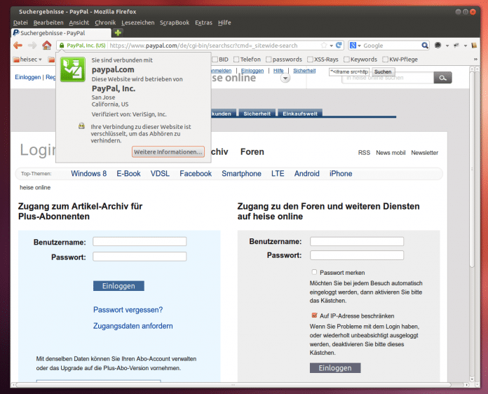 PayPal-XSS-Lücke: Screenshot mit Zertifikatsdetails