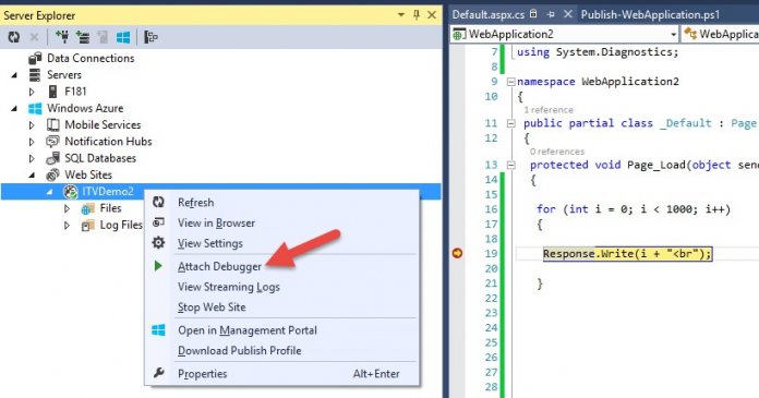 Für das Debugging muss man lediglich im Visual Studio Server Explorer &quot;Attach Debugger&quot; für die Website wählen.