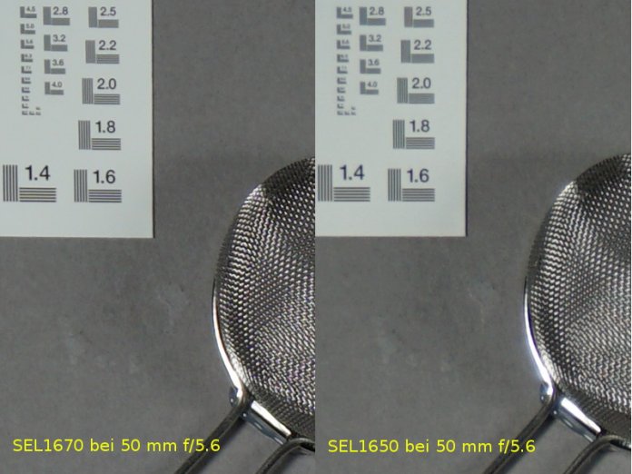 Ecken-Vergleich zwischen dem SEL1670 (l.) und dem SEL1650 (r.) an der A6000.