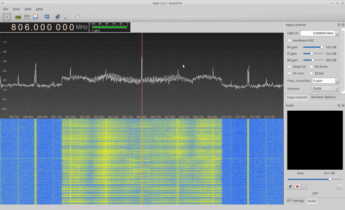 OFDM-Signal des Vodafone-LTE-Downlink im 800-MHz-Band mit gqrx und der mitgelieferten Teleskopantenne