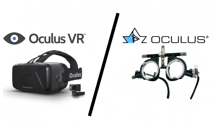 Oculus vs Oculus: Oculus VR stellt VR-Brillen her (hier Rift DK2), Oculus Optikgeräte GmbH unter anderem Meßbrillen (hier Modell UB 3).