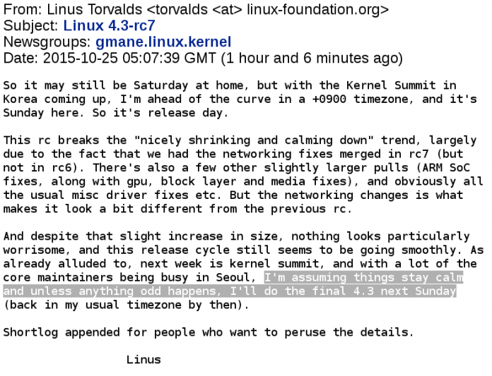 Linux 4.3 soll zum Start des Novembers erscheinen.