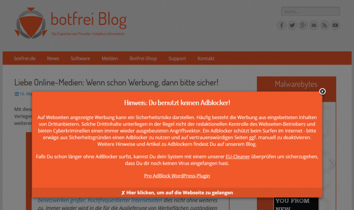 botfrei.de warnt davor, keinen Adblocker zu benutzen.
