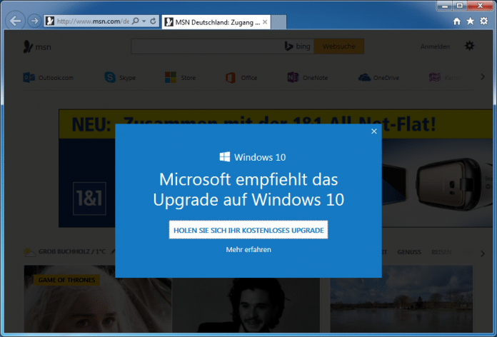 Jetzt auch im Internet Explorer: Werbung für Windows 10.