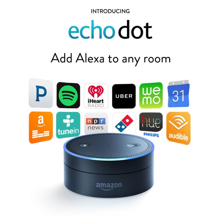 Der Echo Dot sieht aus wie der Deckel des Amazon Echo und lässt sich an beliebige Audiosysteme anschließen.