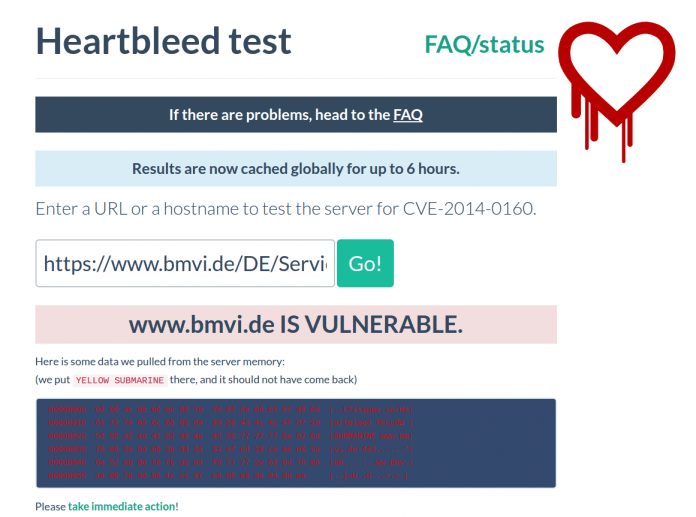 Dieser Heartbleed-Test zeigt, dass es sich keineswegs um ein theoretisches Problem handelt, denn er stiehlt direkt Daten aus dem Speicher des getesteten Servers.