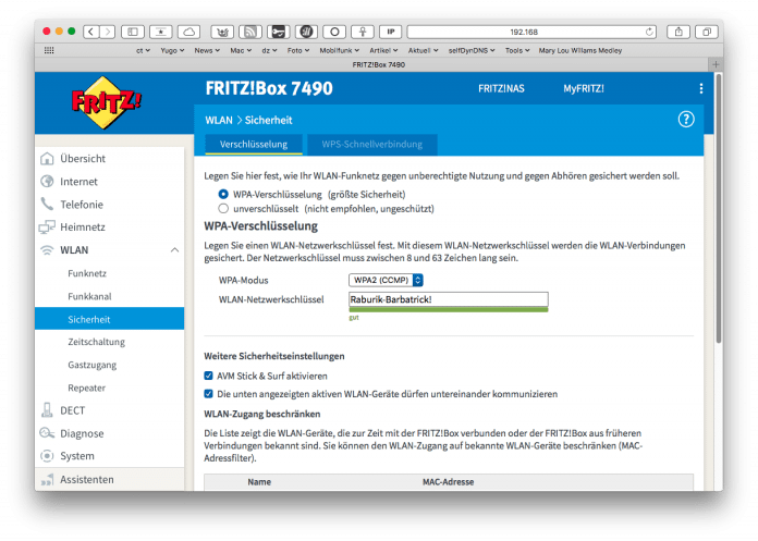Zur Not kann man die Fritzbox zwar auch mit der TKIP-Chiffre betreiben, aber wenn irgend möglich, sollte man zur Verschlüsselung der per WLAN übertragenen Daten WPA2 nutzen.