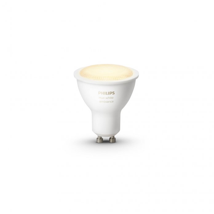 Die GU10 White and Ambiance hat die Höhe eines herkömmlichen GU10-Leuchtmittels und passt in entsprechende Leuchten oder Deckenspots.