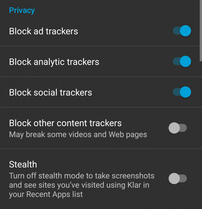 In den Einstellungen legt der Nutzer fest, welche Tracker der Klar-Browser blockieren soll.