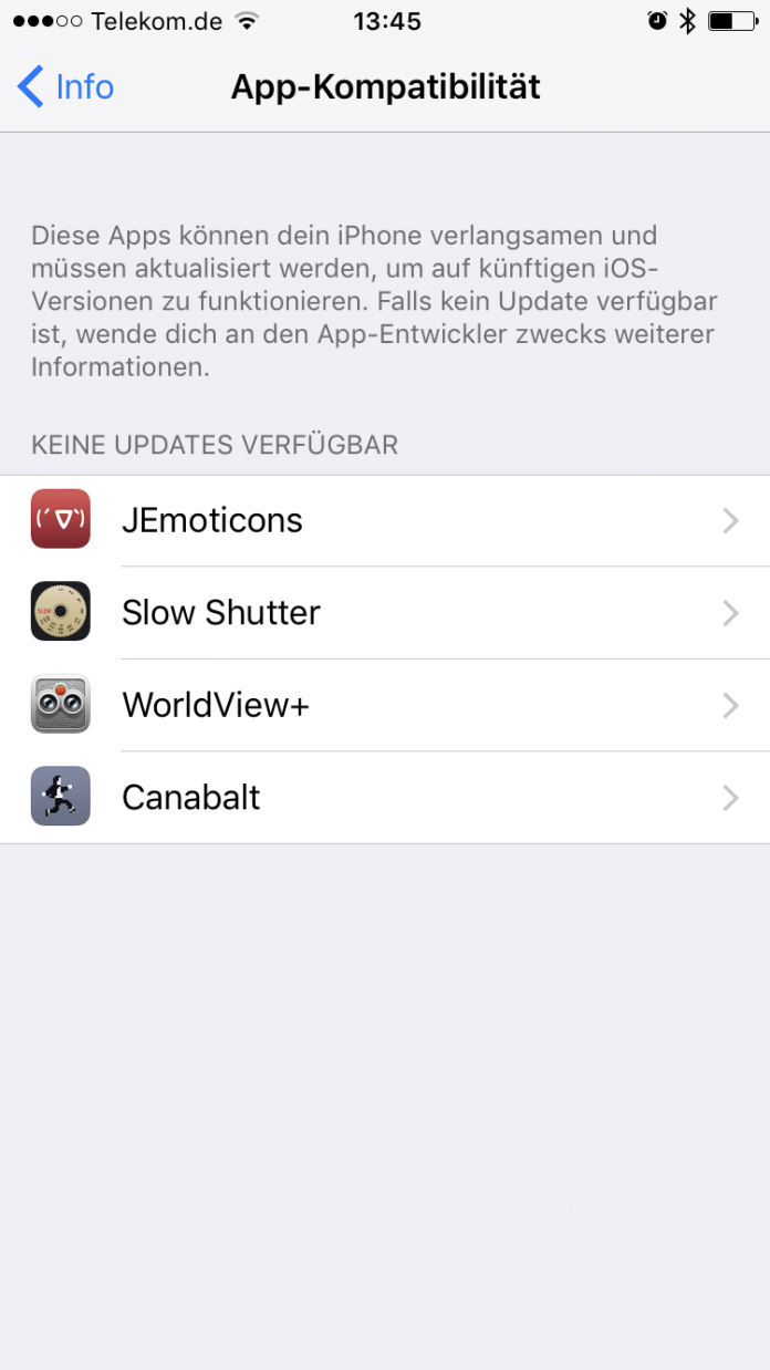 Die &quot;Hall of Shame&quot; in iOS 10.3: Dort aufgeführte Apps können mit iOS 11 nicht mehr geöffnet werden.