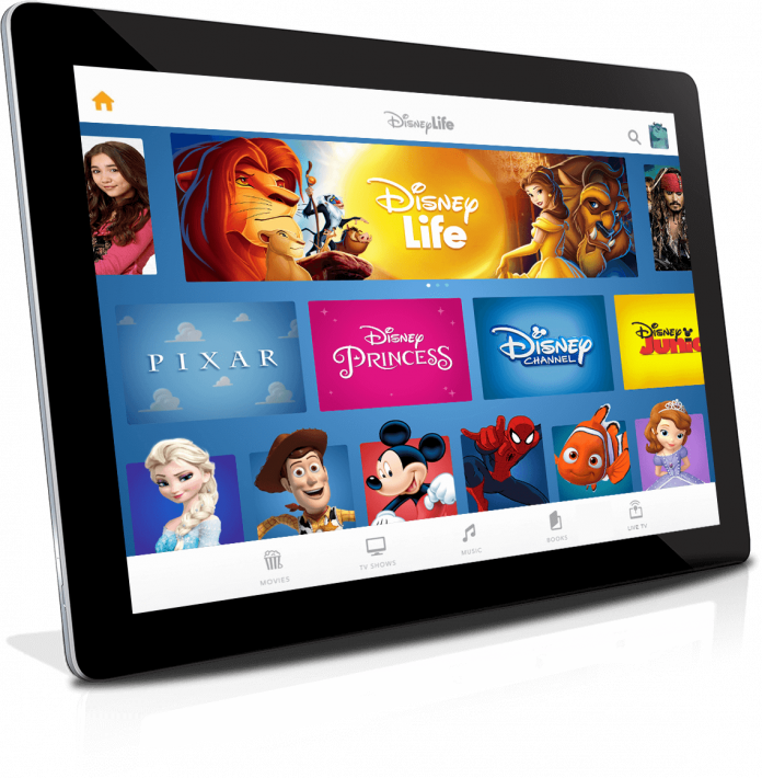 Tablet mit Icons, die Disney-Inhalte anpreisen