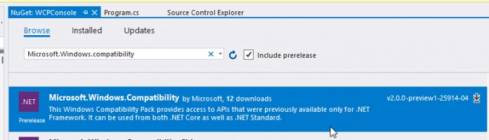 Einbinden des Windows Compatibility Pack for .NET Core via Nuget