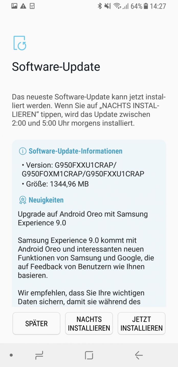 Das Update für das Galaxy S8 ist 1,3 GByte groß. Der Download startet nach einer manuellen Update-Suche.