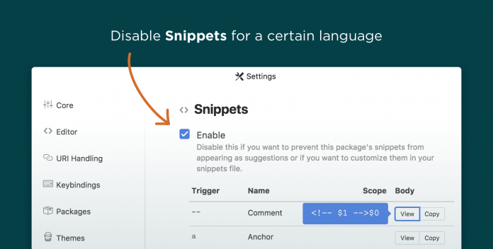 Snippets lassen sich nun für einzelne Programmiersprachen individuell deaktiveren und anpassen.