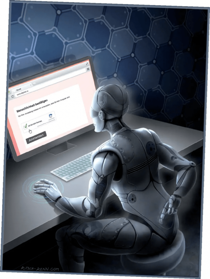 Ein Roboter sitzt am Computer und löst ein Captcha um seine &quot;Menschlichkeit&quot; zu beweisen 