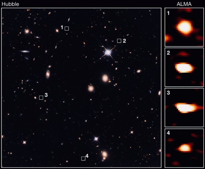 ALMA &quot;sieht&quot; Galaxien, die auf Hubble-Aufnahmen nicht zu sehen sind.