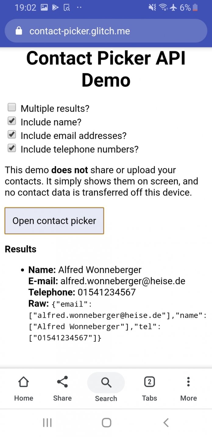 Rückgabe der Contacts Picker API