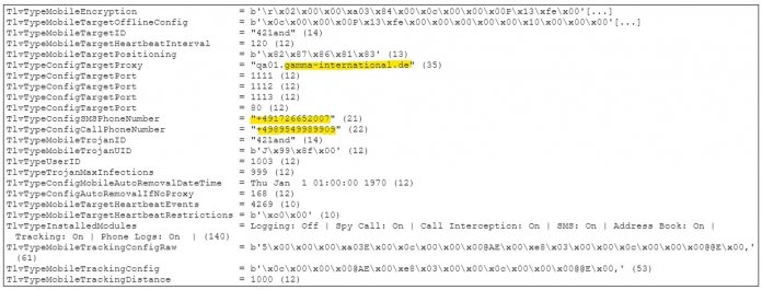 Konfiguration eines von FinFisher stammenden Trojaner-Samples: Man beachte die deutschen Telefonnummern sowie die URL des mutmaßlichen Command-and-Control-Servers