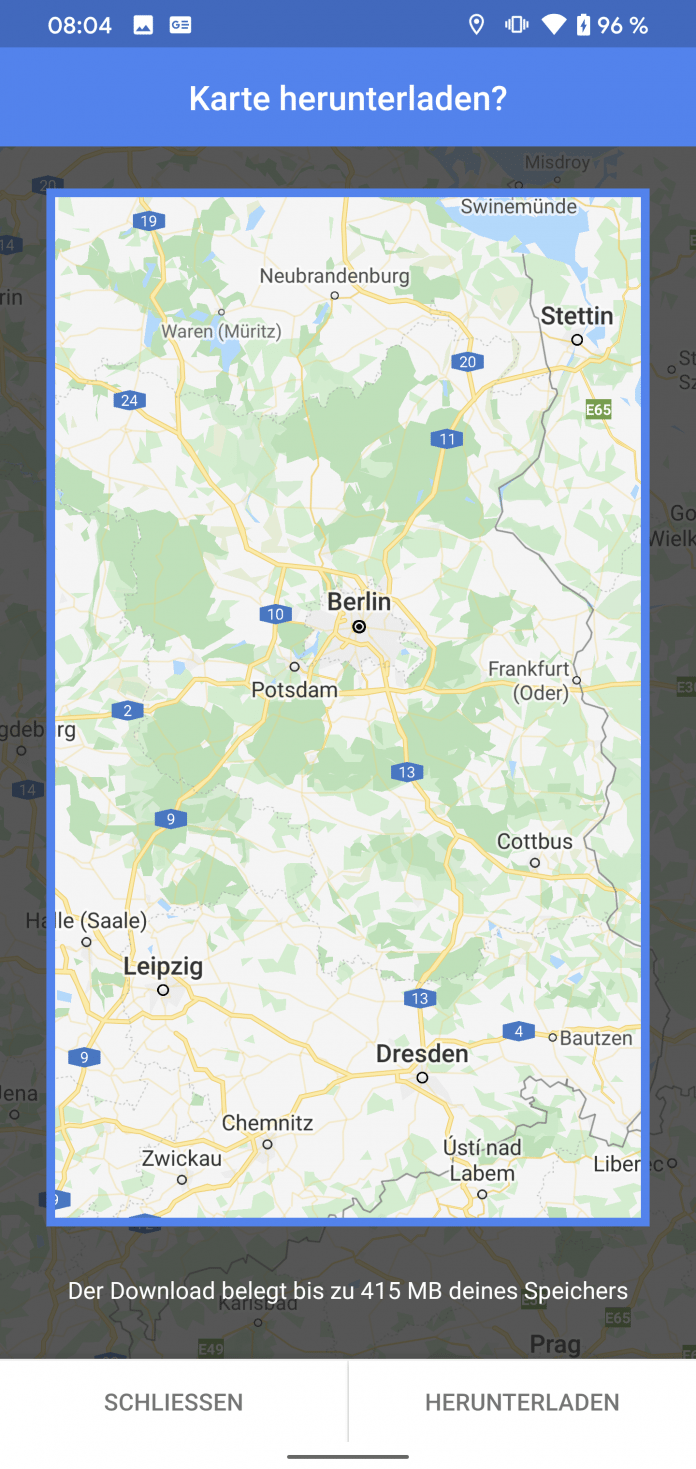 Google Maps (im Bild), Here WeGo und Magic Earth erlauben das gezielte Herunterladen von Karten. Das ist praktisch für den Urlaub, um das Datenvolumen nicht zu belasten oder für Regionen mit schlechter Mobilfunkversorgung.