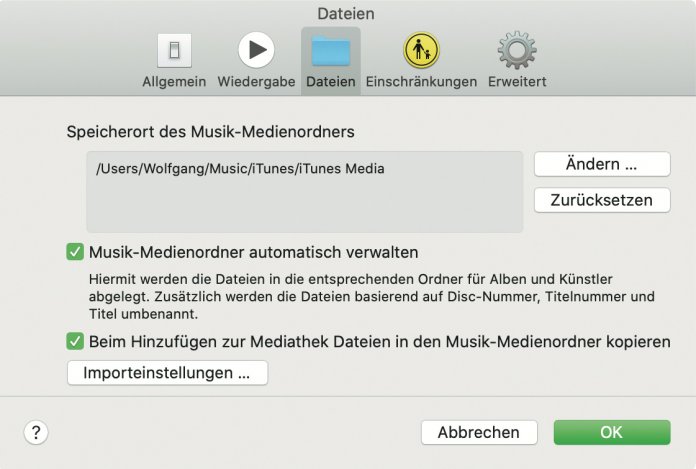 Durch Zurücksetzen des Medienordners in den Musik-Einstellungen wechselt man von iTunes zur neuen Ordnerstruktur.