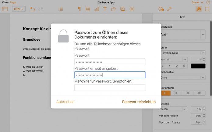 Zusätzlichen Schutz für ein geteiltes Dokument gewährt ein Passwort.