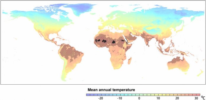 Wenn sich der Treibhausgasausstoß wie im Modell RCP8.5 entwickelt, werden im Jahr 2070 die schwarz schattierten Regionen eine Durchschnittstemperatur von &lt;29° haben. Bisher sind diese Gegebenheiten nur für Regionen der Sahara bekannt.