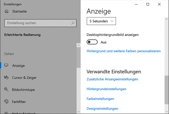 In den „Seheinstellungen für erleichterten Zugang“ lässt sich das Desktop-Hintergrundbild von Windows 10 auch dann abschalten, wenn die ­Anzeige-­Einstellung gesperrt ist.