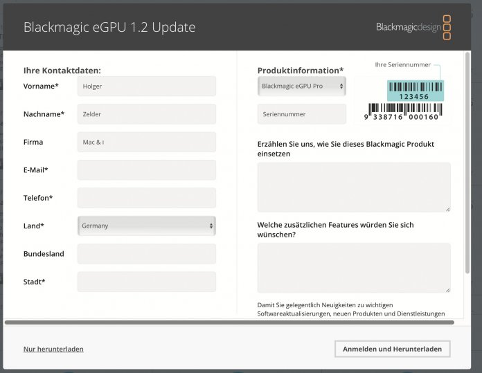 Das Firmware-Update für Blackmagics eGPU und eGPU pro gibt es direkt beim Hersteller, man muss es manuell herunterladen.
