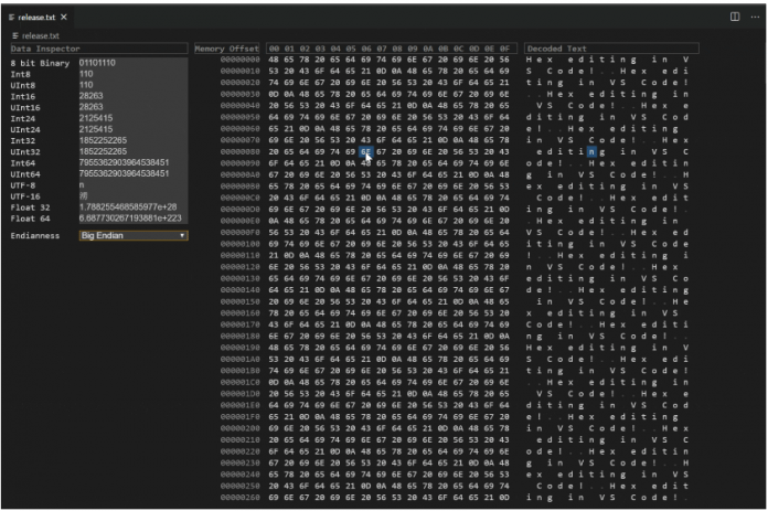 Screenshot: HexEditor in Visual Studio Code