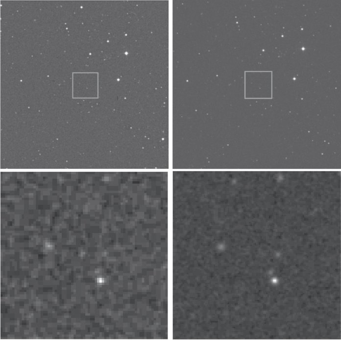 Der „verlorene“ Stern aus der Arbeit von 2016. Die Aufnahmen links oben und unten stammen aus den POSS-I-Fotoplatten und sind vom 16. März 1950. Das untere ist eine Ausschnittsvergrößerung und zeigt den Stern genau in der Bildmitte. Die Bilder rechts stammen aus den POSS-II-Platten und sind vom 10. März 1992. Alle Aufnahmen wurden mit Rotfiltern aufgenommen. Die Autoren geben vor, den Stern im Bild unten rechts noch undeutlich zu erkennen.