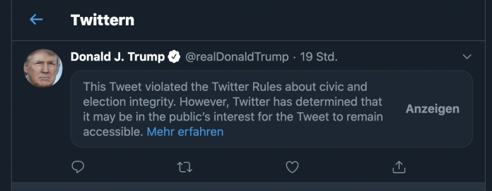 So präsentiert Twitter Trumps Tweet – erst wenn man den Warnhinweis zur Kenntnis nimmt, erscheint der Inhalt.
