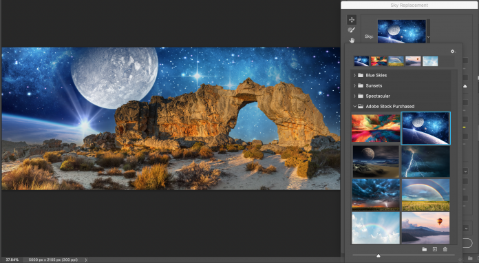 Der Photoshop-Dialog Sky Replacement passt automatisch die Licht- und Farbstimmung an den ausgetauschten Himmel an.