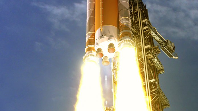 Zeichnung einer Rakete auf Startrampe mit zwei Feuerstrahlen