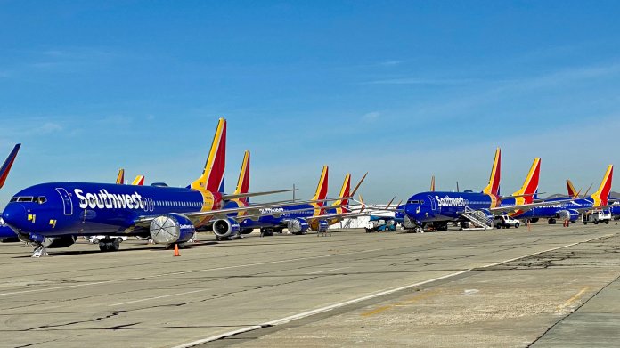Boeing 737 Max der Southwest Airlines geparkt auf dem Southern California Logistics Airport bei Victorville, Dezember 2019