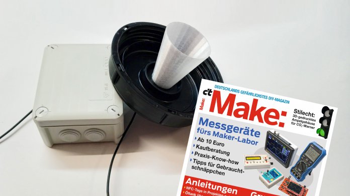 Weißer Kasten mit schwarzem Deckel, daneben das Cover der Make.