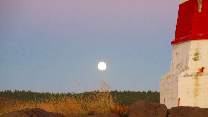 Vollmond, über einer Wiese neben einem Leuchtturm