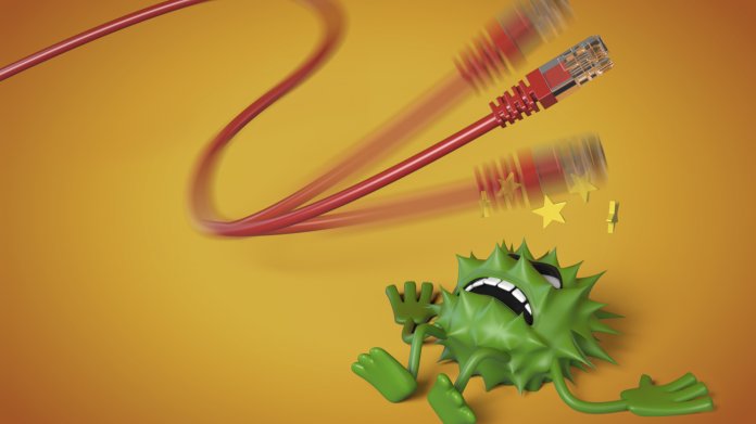 Netzwerkkabel, daneben ein grünes "Virus-Männchen"