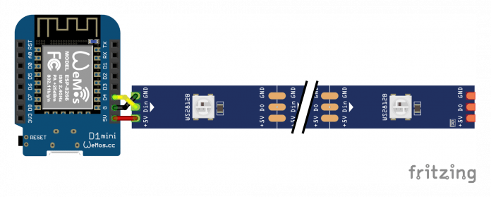 Diagramm zum Anschluss eines LED-Streifens an einen Wemos-Mikrocontroller.