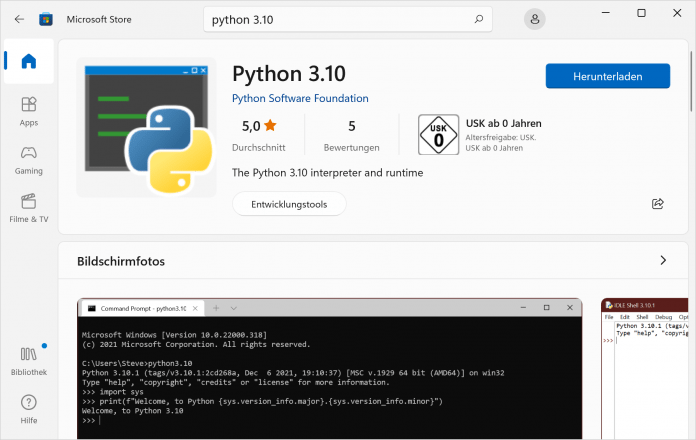 Windows schickt seine Nutzer nach der Eingabe des Befehls „python“ automatisch in den Microsoft Store, allerdings nicht immer zur aktuellen Version., 