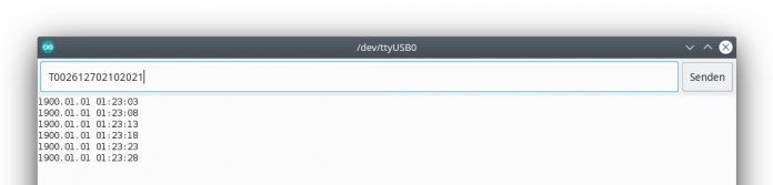 Screenshot des seriellen Monitors der Arduino IDE: Senden des Zeitstempels "T002612702102021" über die Eingabezeile.